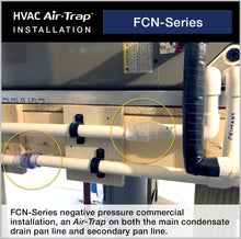 Des Champs HVAC Air-Trap FCN-Series negative pressure commercial installation, an Air-Trap on both the main condensate drain pan line and secondary pan line.
