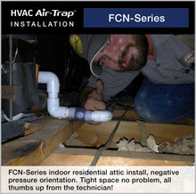 Des Champs HVAC Air-Trap FCN-Series indoor residential attic install, negative pressure orientation. Tight space no problem, all thumbs up from the technician!