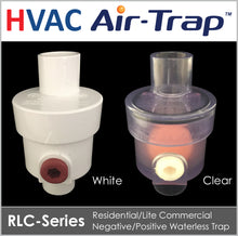 RLC-Series Air-Trap™: Residential/Lite Commercial Negative/Positive Waterless HVAC Condensate Trap allows liquid condensate to drain from the HVAC equipment and simultaneously prevents air from entering or escaping from the equipment. From Des Champs Technologies.