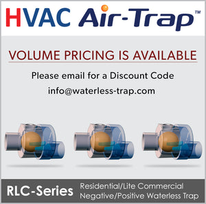 RLC-Series Air-Trap™: Residential/Lite Commercial Negative/Positive Waterless HVAC Condensate Trap allows liquid condensate to drain from the HVAC equipment and simultaneously prevents air from entering or escaping from the equipment. From Des Champs Technologies.